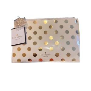 Kate Spade New York Gold Polka Dot Pencil Pouch Set Cream Stationery Case NEW